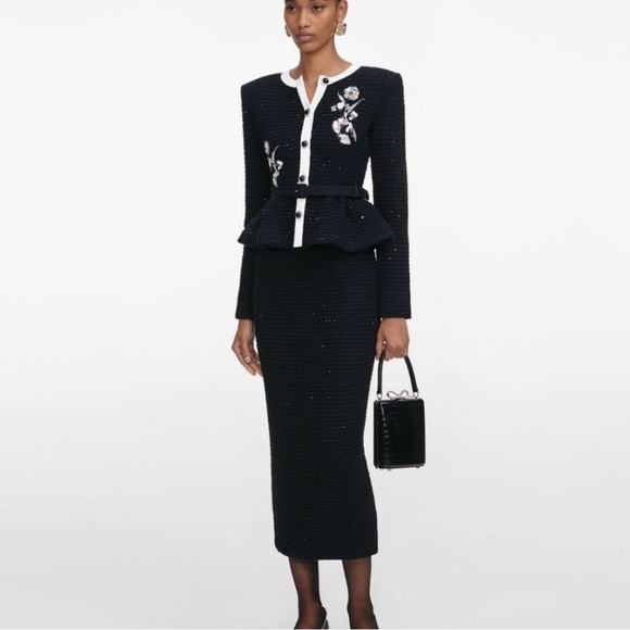 Self-Portrait Dresses & Skirts - Self-Portrait Black Floral Textured Knit Midi Dress